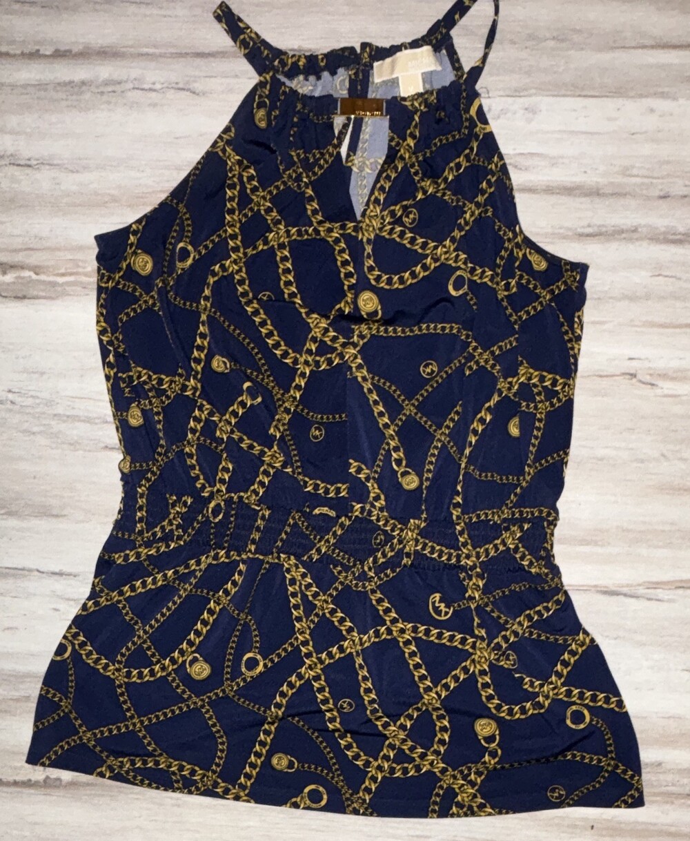 Michael Kors Women's Navy Gold Chain Print Shift top Blouse Sleeveless Medium